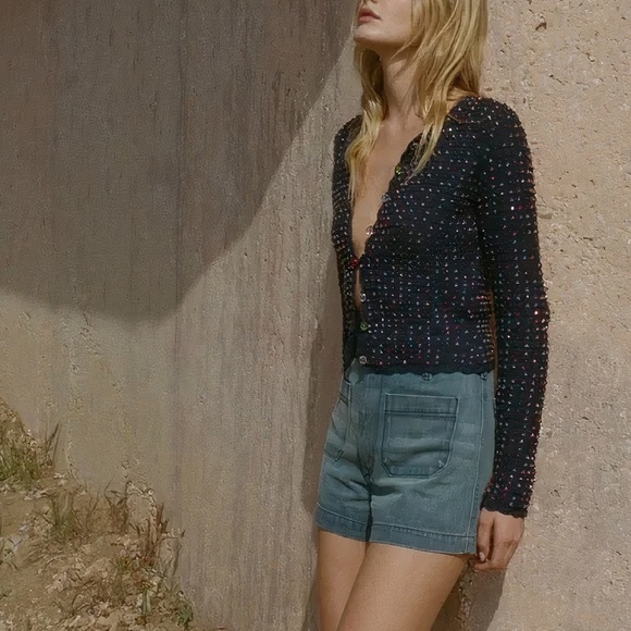 NWOT DÔEN Knit Cotton Navy Hand-Beaded Monterey Cardigan - Picture 6 of 8